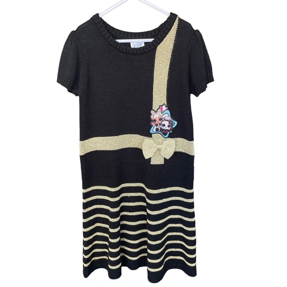 LOL Surprise Dress Girls Large 10-12 Black Gold Metallic Striped Sweater Bow - Picture 1 of 9